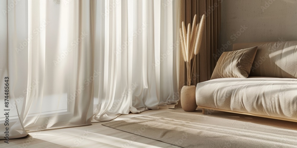 A serene, sunlit room with sheer curtains gently swaying. A serene, sunlit room with sheer curtains gently swaying.