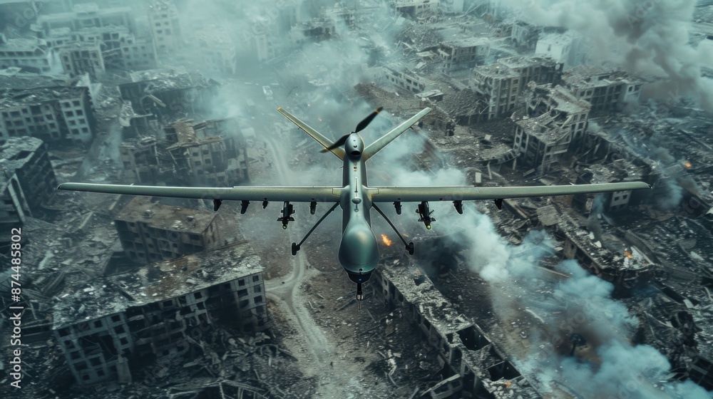 a reconnaissance drone flies over a war zone. a reconnaissance drone flies over a war zone.