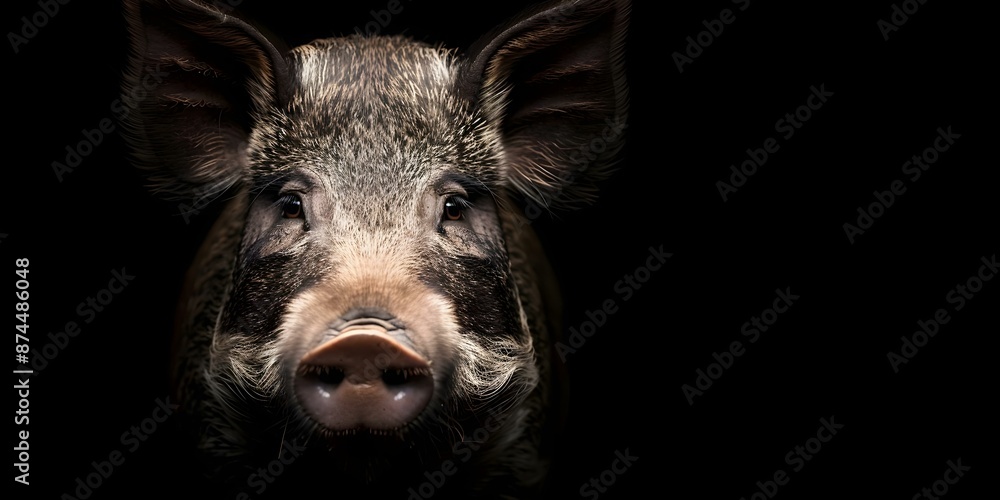 Mysterious portrait of wild boar in dim lighting showcasing its rugged features. Concept Wild Boar Photoshoot, Dim Lighting, Mysterious Portrait, Rugged Features, Wildlife Photography Mysterious portrait of wild boar in dim lighting showcasing its rugged features. Concept Wild Boar Photoshoot, Dim Lighting, Mysterious Portrait, Rugged Features, Wildlife Photography
