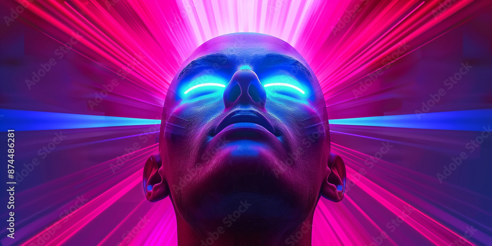 Cyborg human head and energy rays concept horizontal poster. Robot head and glowing rays creative banner. Futuristic technology background. Raster digital illustration. AI artwork. Cyborg human head and energy rays concept horizontal poster. Robot head and glowing rays creative banner. Futuristic technology background. Raster digital illustration. AI artwork.