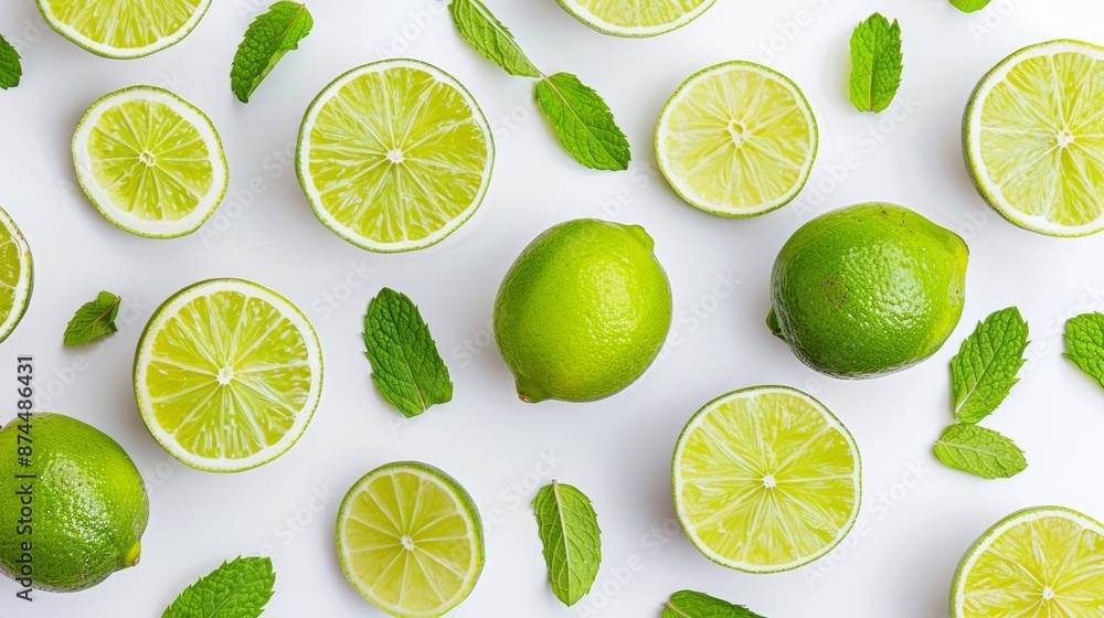 Overhead shot of sliced limes and mint leaves forming a seamless background on a pristine white surface. Crisp and vivid detail, focus cover all object, deep dept of field Overhead shot of sliced limes and mint leaves forming a seamless background on a pristine white surface. Crisp and vivid detail, focus cover all object, deep dept of field