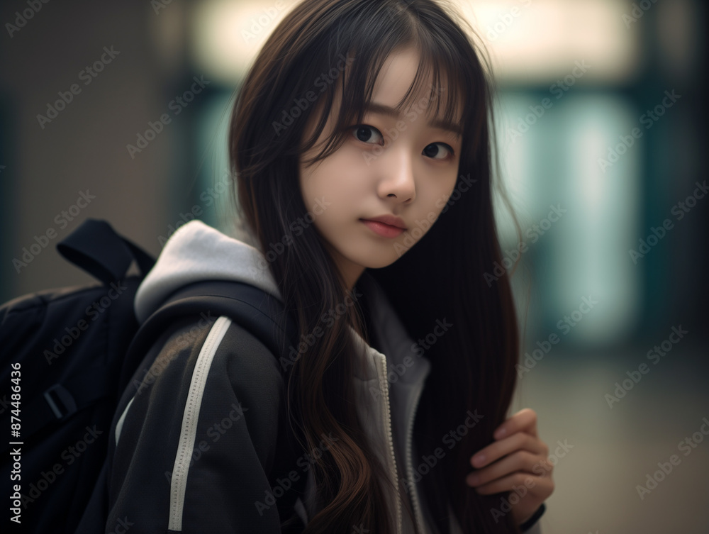 Portrait of Asian girl, with a backpack, standing near the school
Portrait of Asian girl, with a backpack, standing near the school