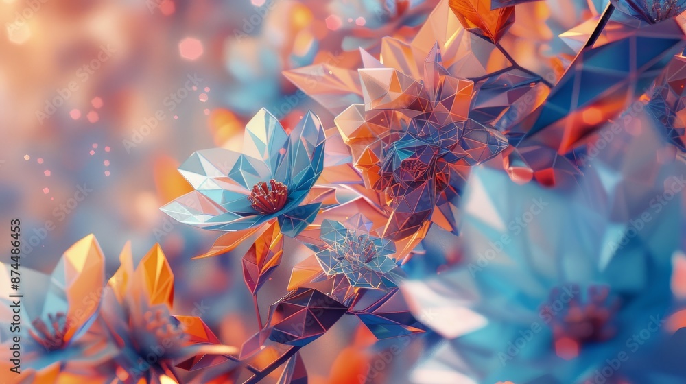 Abstract Geometric Flowers in Vibrant Colors with Polygonal Art Style and Soft Bokeh Background Abstract Geometric Flowers in Vibrant Colors with Polygonal Art Style and Soft Bokeh Background
