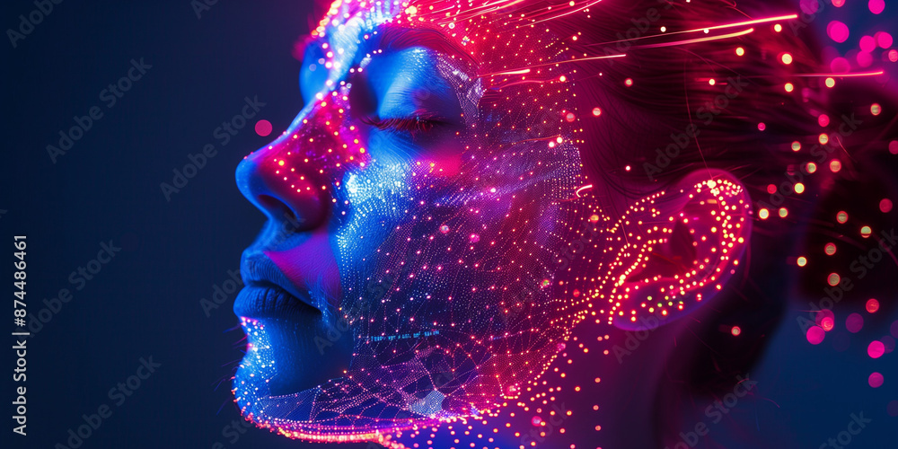 Cyborg human head and energy rays concept horizontal poster. Robot head and glowing rays creative banner. Futuristic technology background. Raster digital illustration. AI artwork. Cyborg human head and energy rays concept horizontal poster. Robot head and glowing rays creative banner. Futuristic technology background. Raster digital illustration. AI artwork.