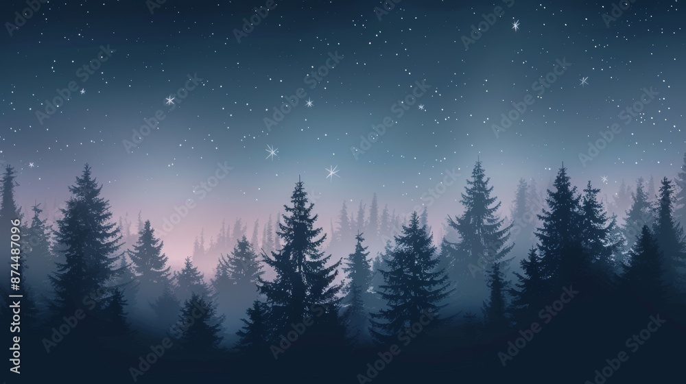 Misty Forest Under Starry Night Sky: Serene Twilight Landscape with Evergreen Trees and Stars Misty Forest Under Starry Night Sky: Serene Twilight Landscape with Evergreen Trees and Stars