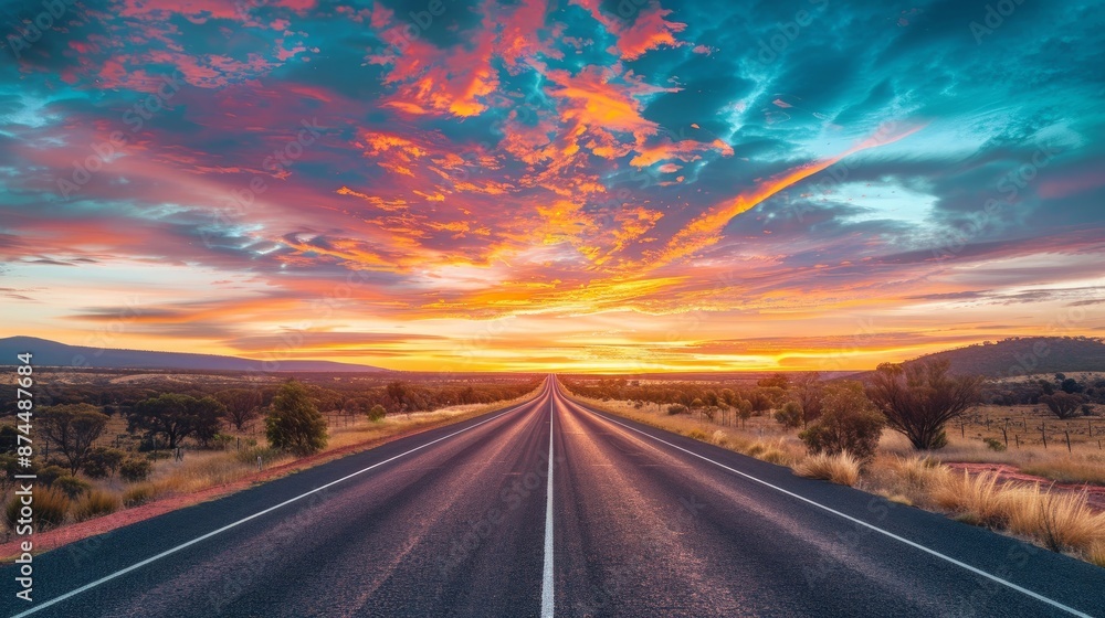 Multi-lane highway in the Australian outback, set against a vibrant dusk sky with colorful clouds.
Multi-lane highway in the Australian outback, set against a vibrant dusk sky with colorful clouds.