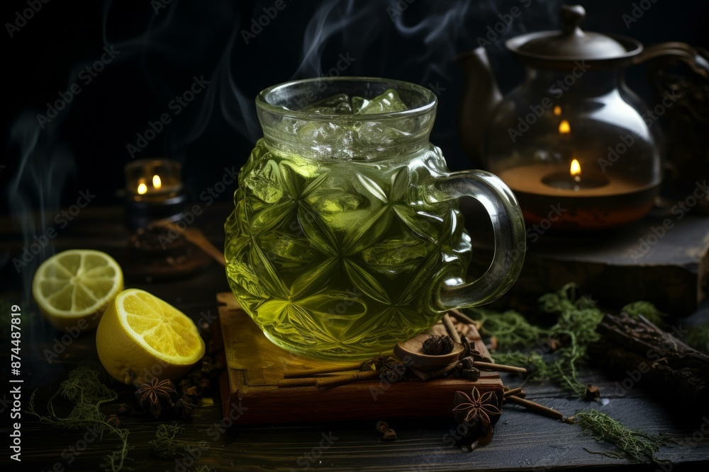 Steaming glass teapot with herbal tea surrounded by moody, rustic decor and a slice of lemon Steaming glass teapot with herbal tea surrounded by moody, rustic decor and a slice of lemon