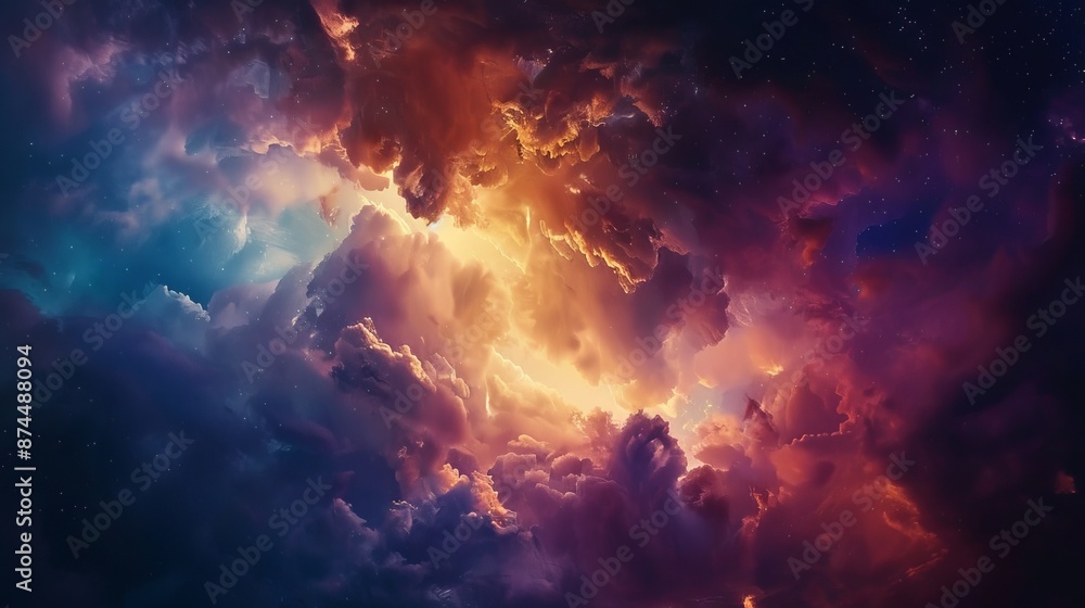 Fototapeta premium Dramatic Colorful Cloudscape with Sunset and Starry Sky in Background