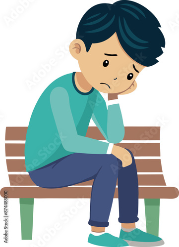 Sad Boy Sitting On Bench Cartoon Illustration