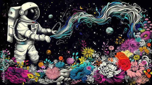 Astronaut in space and flowers