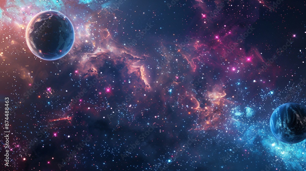 Fototapeta premium Space-themed backdrop featuring stars, planets, and a glowing galaxy