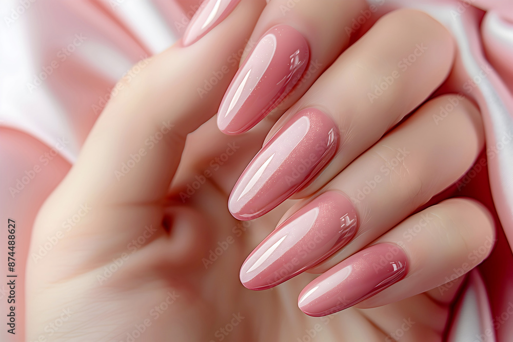 Nails manicure banner advertising. Female hand with Chic Trendy Pink manicure for nails services or advertising Nails manicure banner advertising. Female hand with Chic Trendy Pink manicure for nails services or advertising