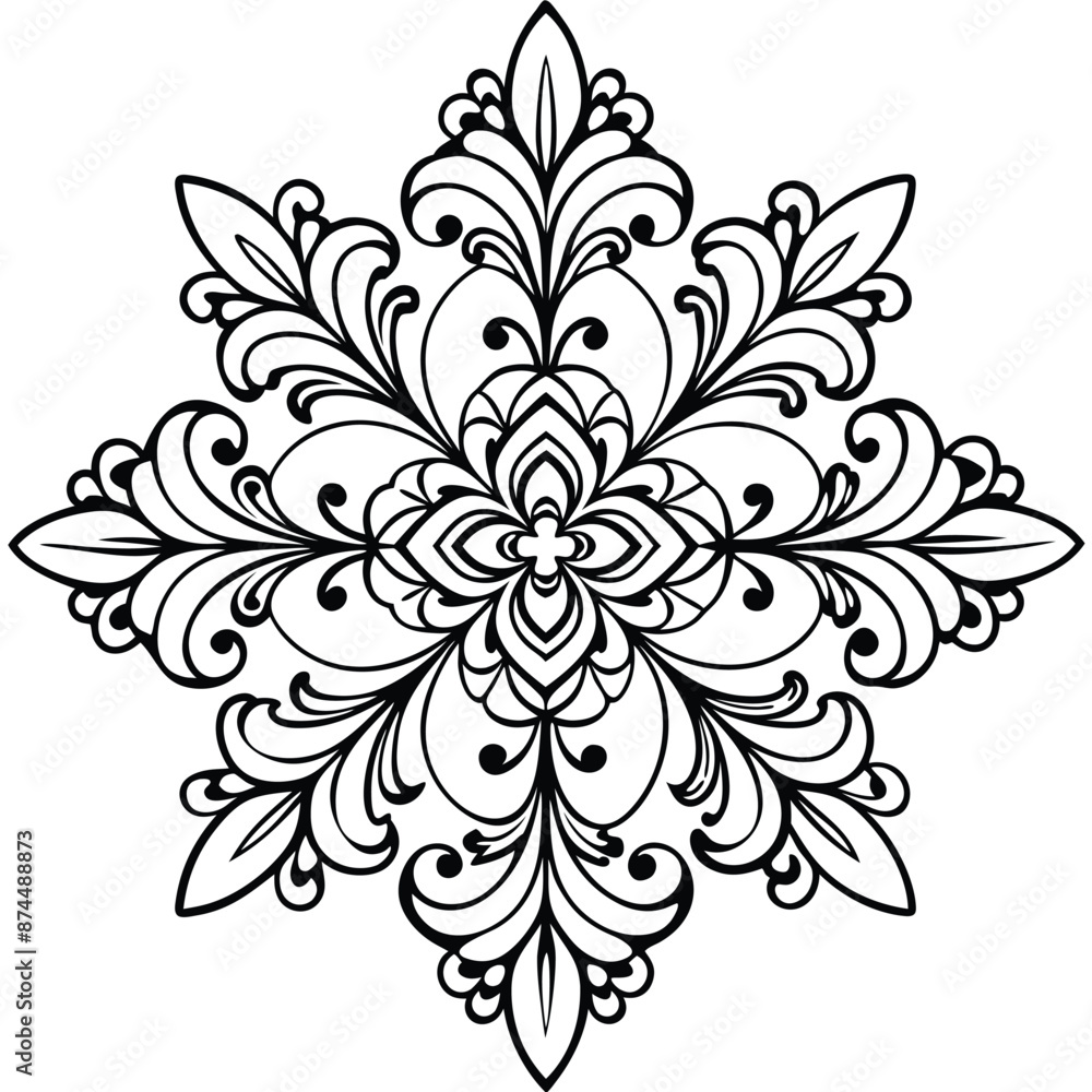 Stylized mandala with floral patterns and henna elements on a white isolated background Stylized mandala with floral patterns and henna elements on a white isolated background