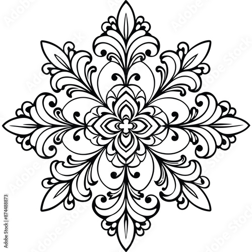 Stylized mandala with floral patterns and henna elements on a white isolated background