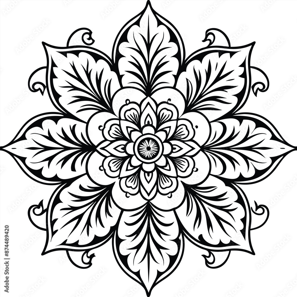 Stylized mandala with floral patterns and henna elements on a white isolated background Stylized mandala with floral patterns and henna elements on a white isolated background