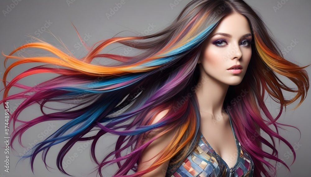Obraz premium Creative colorful long hair style, creative mind and matellic colours explosion