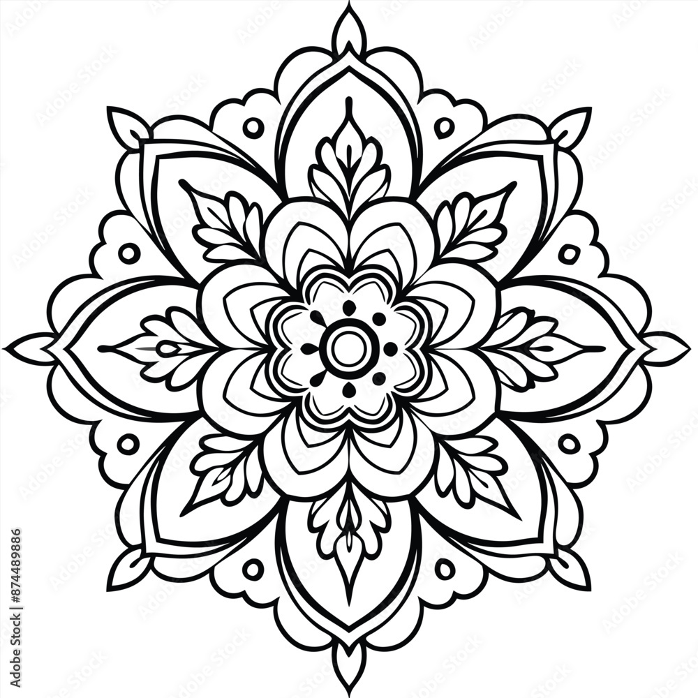 Stylized mandala with floral patterns and henna elements on a white isolated background Stylized mandala with floral patterns and henna elements on a white isolated background