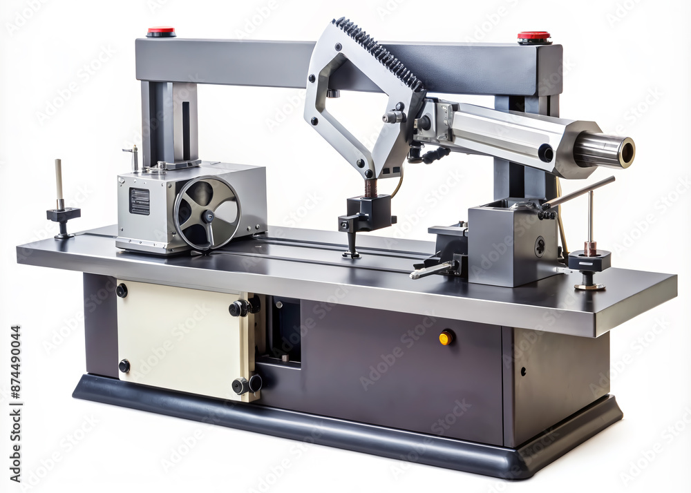 Close-up of a metalworking tool, a powerful bandsaw machine, with sharp teeth and tensioned metal band, ready to cut through metal sheets or pipes. Close-up of a metalworking tool, a powerful bandsaw machine, with sharp teeth and tensioned metal band, ready to cut through metal sheets or pipes.