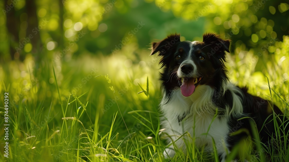 Fototapeta premium A_border_collie_dog_playing_fetch_in_a_lush_green_field_looking_at_camera