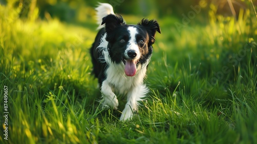 A_border_collie_dog_playing_fetch_in_a_lush_green_field_looking_at_camera © SazzadurRahaman