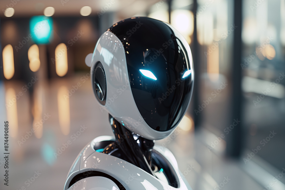 Gros-plan sur la tête d'un robot humanoïde aux yeux lumineux. Gros-plan sur la tête d'un robot humanoïde aux yeux lumineux.