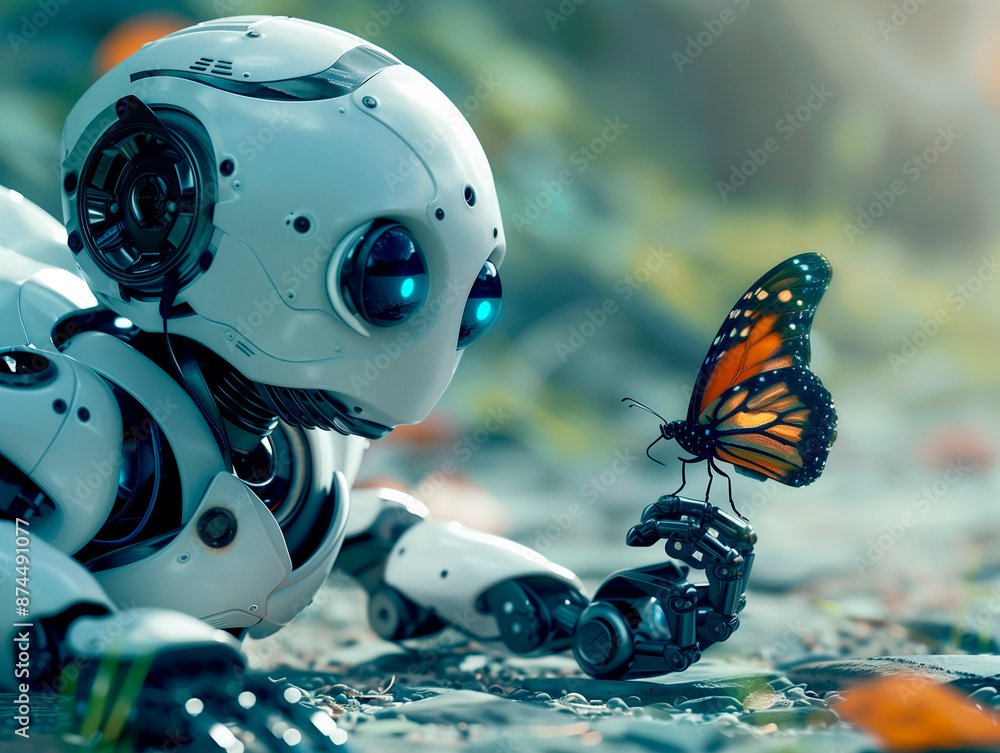 Futuristic robot interacting with monarch butterfly in nature Futuristic robot interacting with monarch butterfly in nature