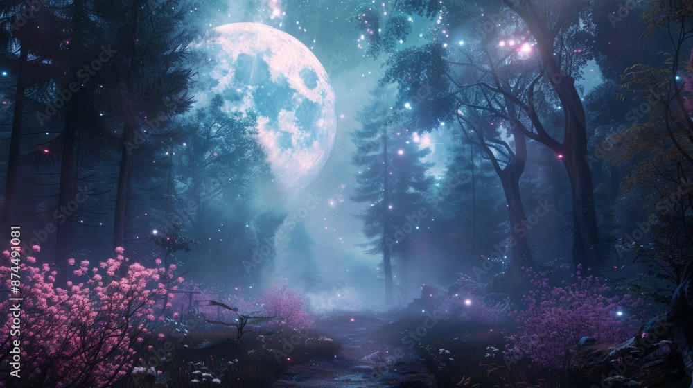 Fototapeta premium Mystical Fantasy Forest Night With Full Moon and Glowing Sparkles