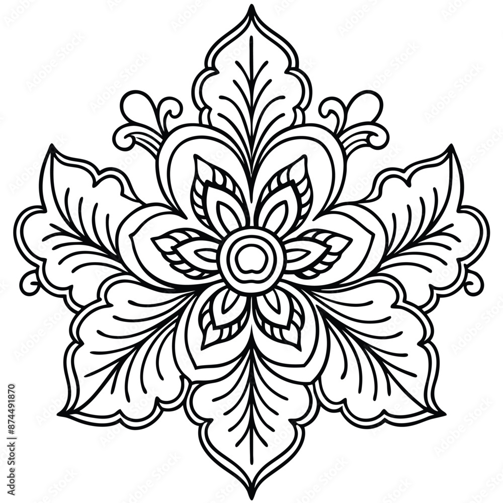 Stylized mandala with floral patterns and henna elements on a white isolated background Stylized mandala with floral patterns and henna elements on a white isolated background