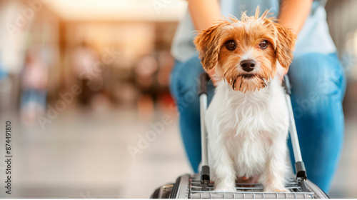Dog traveling with suitcase at airport terminal. Concept: pet-friendly travel, vacations, and animal transportation. Useful for businesses like pet travel agencies, airlines, and vacation rentals. © AI ART WORLD