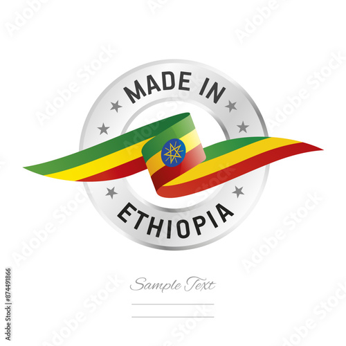 Made in Ethiopia. Ethiopia flag ribbon with circle silver ring seal stamp icon. Ethiopia sign label vector isolated on white background