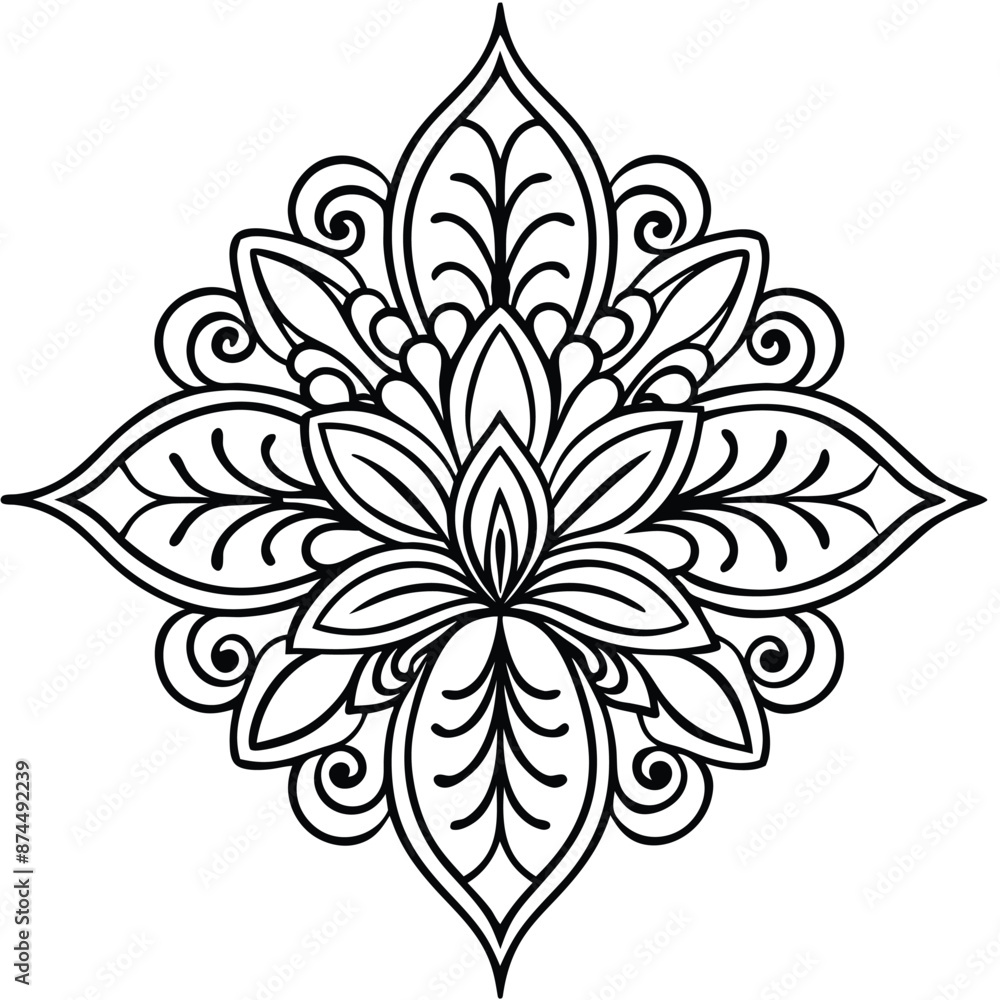 Stylized mandala with floral patterns and henna elements on a white isolated background Stylized mandala with floral patterns and henna elements on a white isolated background