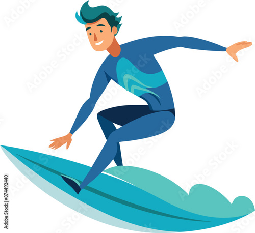 Young Man Surfing On Blue Wave With Surfboard