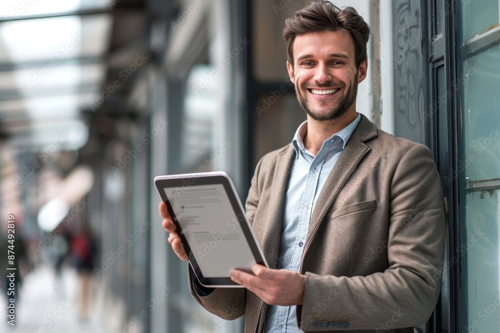 Happy young business man with tablet at work in modern urban background, Generative AI Happy young business man with tablet at work in modern urban background, Generative AI