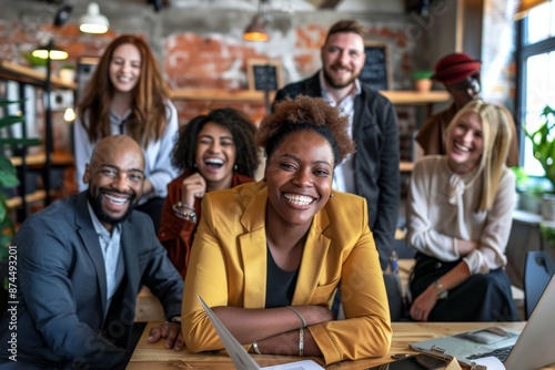 Group of happy multiethnic business people having fun and chatting at workplace office, Generative AI