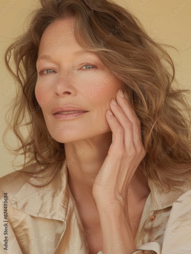 Serene woman with wavy blonde hair and beige blouse Serene woman with wavy blonde hair and beige blouse