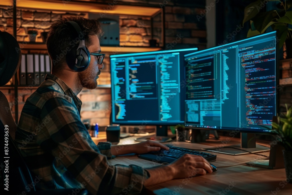 Programmer working and developing software in office, Generative AI Programmer working and developing software in office, Generative AI