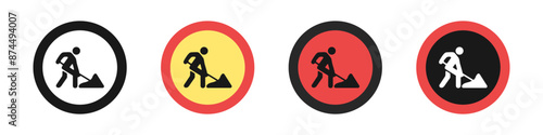 Road works sign vector icon. Construction warning sign. Construction work sign icon. Vector illustration.