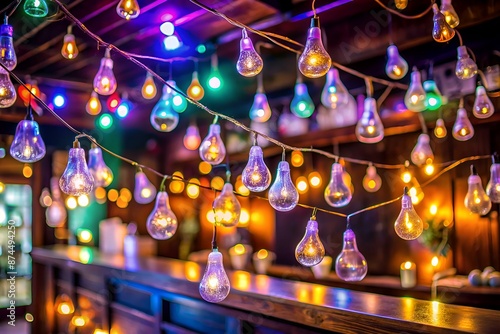 Vibrant translucent iridescent fairy lights resembling ghostly apparitions suspend in a dimly lit bar, evoking a haunting, surreal atmosphere perfect for Halloween-themed advertising.