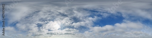 blue sky with haze in 360 hdri panorama in equirectangular format with zenith and clouds and sun for use in 3d graphics or game development as skydome or edit drone panoramas or sky replacement