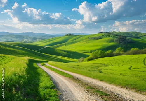 Beautiful green landscape with a path, rolling hills and a blue sky in summer