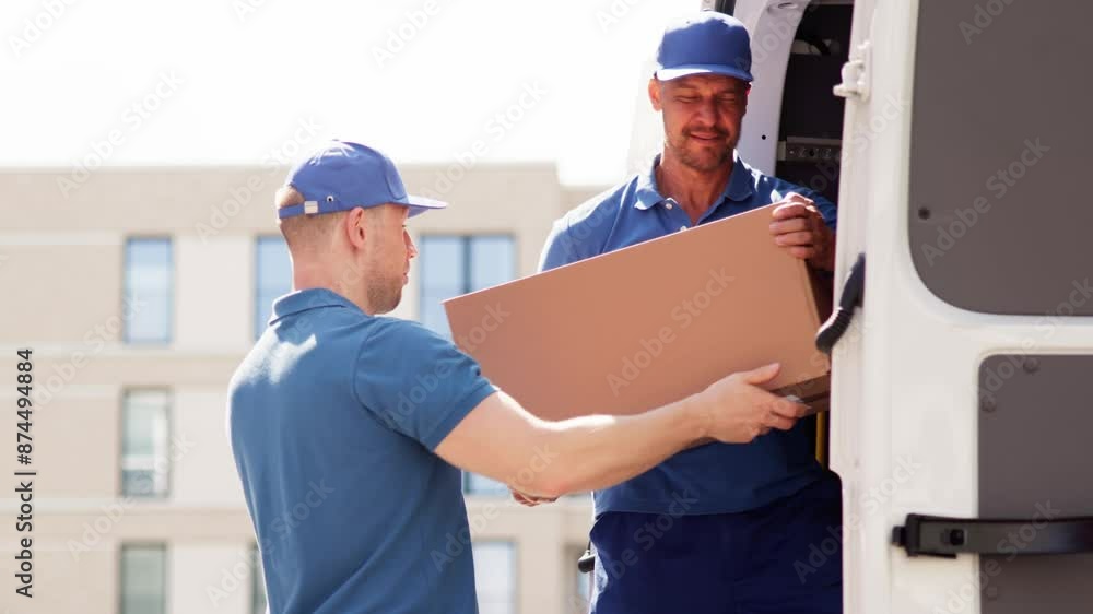 Hardworking male movers carefully carrying a cardboard box to their truck Hardworking male movers carefully carrying a cardboard box to their truck