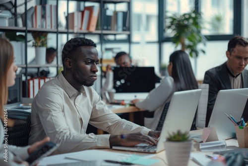 Group of multiethnic business people working at busy modern office, Generative AI