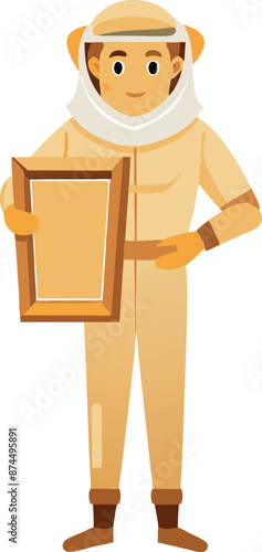 Cartoon Beekeeper Holding a Beekeeping Frame in Protective Suit
