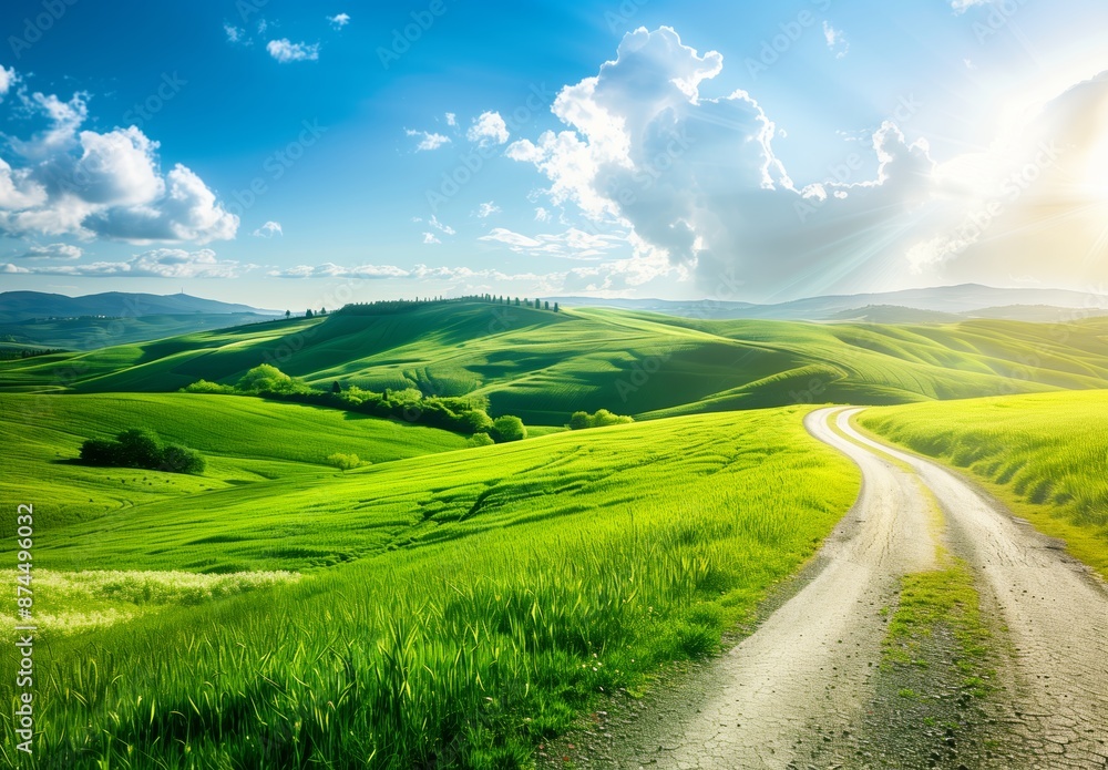 Fototapeta premium Beautiful green landscape with a path, rolling hills and a blue sky in summer
