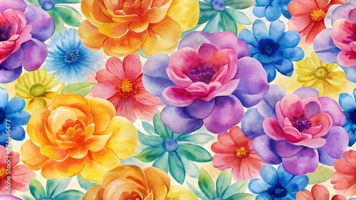 Vibrant watercolor flowers in shades of pink, yellow, blue, and orange create a stunning tiled pattern, perfect for backgrounds, wallpapers, and design elements. © Adisorn