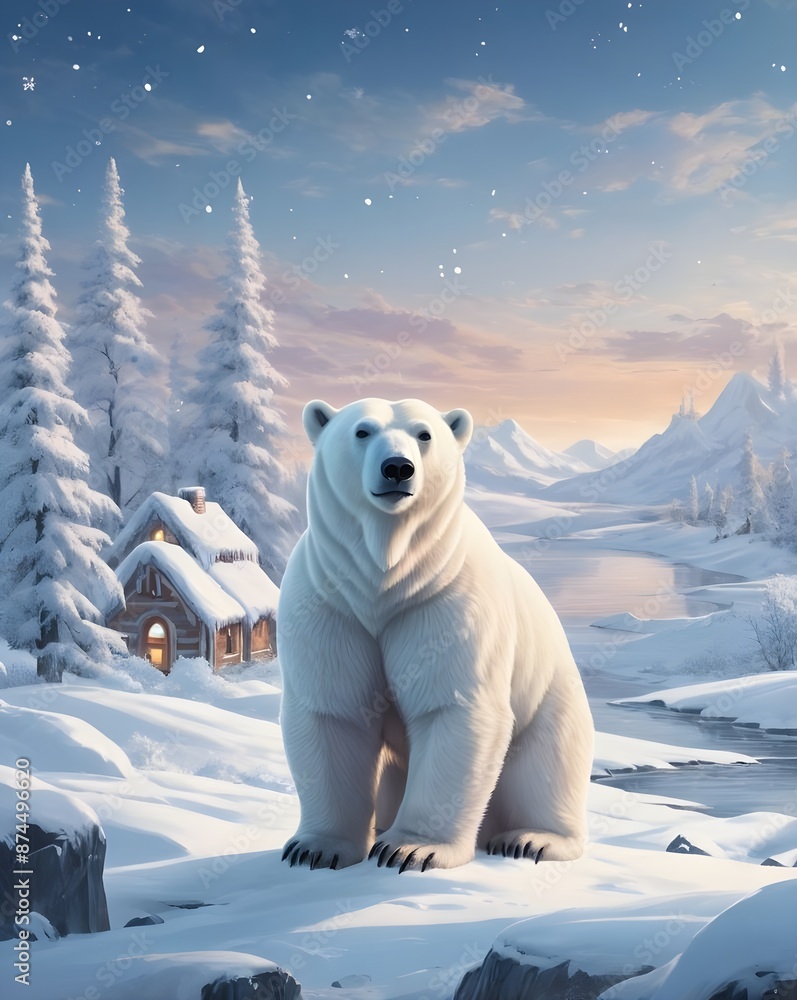 A polar bear at Christmas in a cold and magical Christmas landscape. A polar bear at Christmas in a cold and magical Christmas landscape.