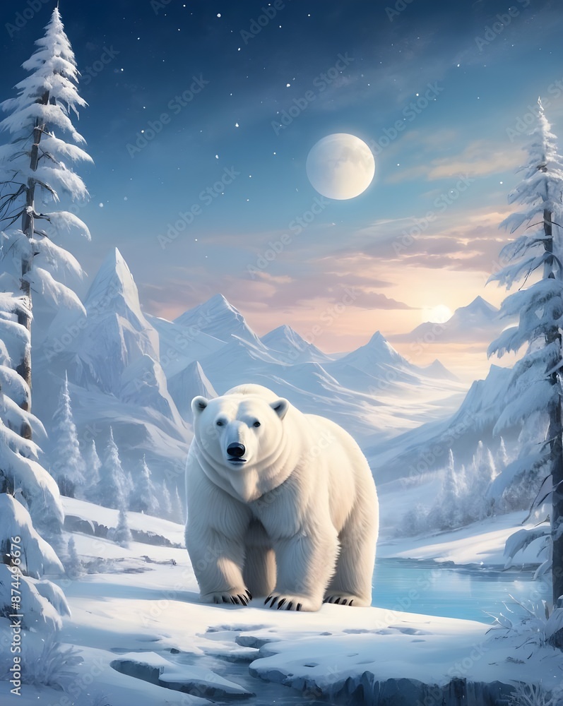 A polar bear at Christmas in a cold and magical Christmas landscape. A polar bear at Christmas in a cold and magical Christmas landscape.