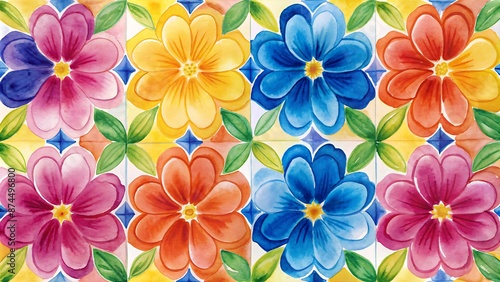 Vibrant watercolor flowers arranged in a repeating tile pattern, featuring bright pink, yellow, blue, and orange blooms on a white background, creating a whimsical design.