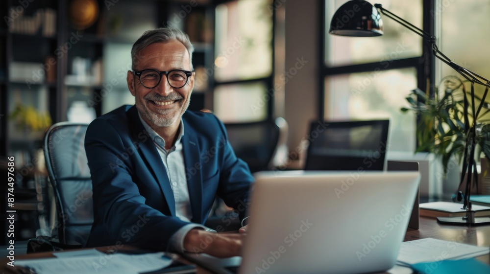 Smiling Businessman Working on Laptop in Modern Office. Generative AI Smiling Businessman Working on Laptop in Modern Office. Generative AI