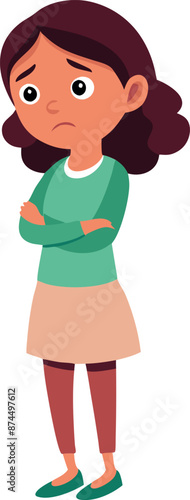 Sad Cartoon Girl with Folded Arms on White Background